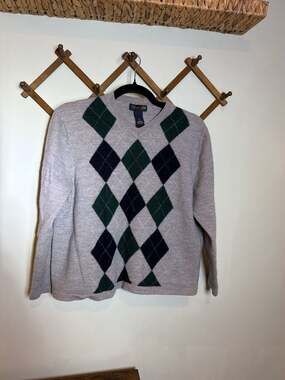 Garret Scott Extra Fine Merino Wool Argyle V-Neck Sweater Grey XL